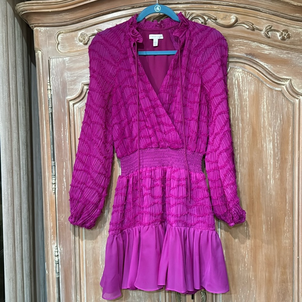 Monique Lhuillier 3/4 Sleeve Chiffon Short Dress in Violet